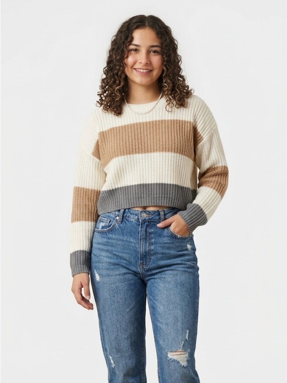 Women's Striped Crewneck Sweater - Cream, Tan & Gray